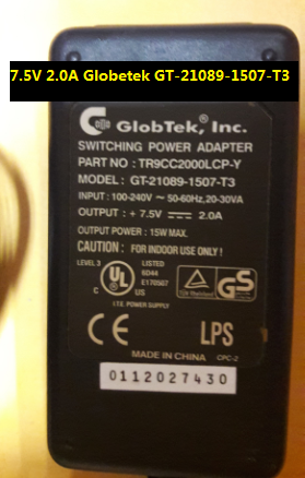 *Brand NEW*7.5V 2.0A Globetek GT-21089-1507-T3 New Working Power Supply